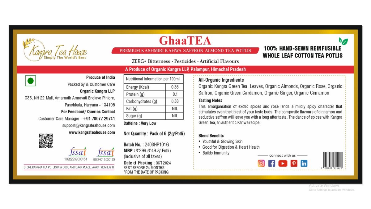 Kashmiri Kahwa with Saffron & Almond - 100% Hand - Sewn Premium Cotton Tea Bags (Kangra Tea House - GhaaTEA Pack of 6 Reinfusible Potlis) | Verified Sustainable by Brown Living™