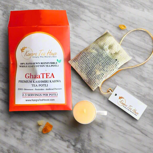 Kashmiri Kahwa with Saffron & Almond - 100% Hand - Sewn Premium Cotton Tea Bags (Kangra Tea House - GhaaTEA Pack of 6 Reinfusible Potlis) | Verified Sustainable by Brown Living™