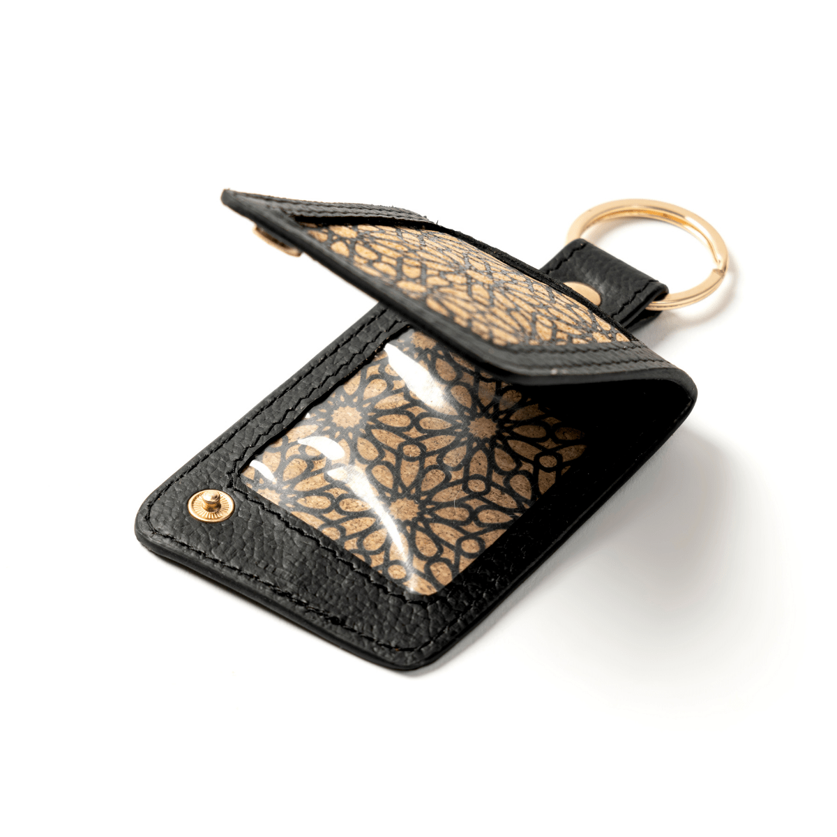 Keychain with Name Tag Pocket – Plant Leather & Printed Cork (Black) | Verified Sustainable by Brown Living™
