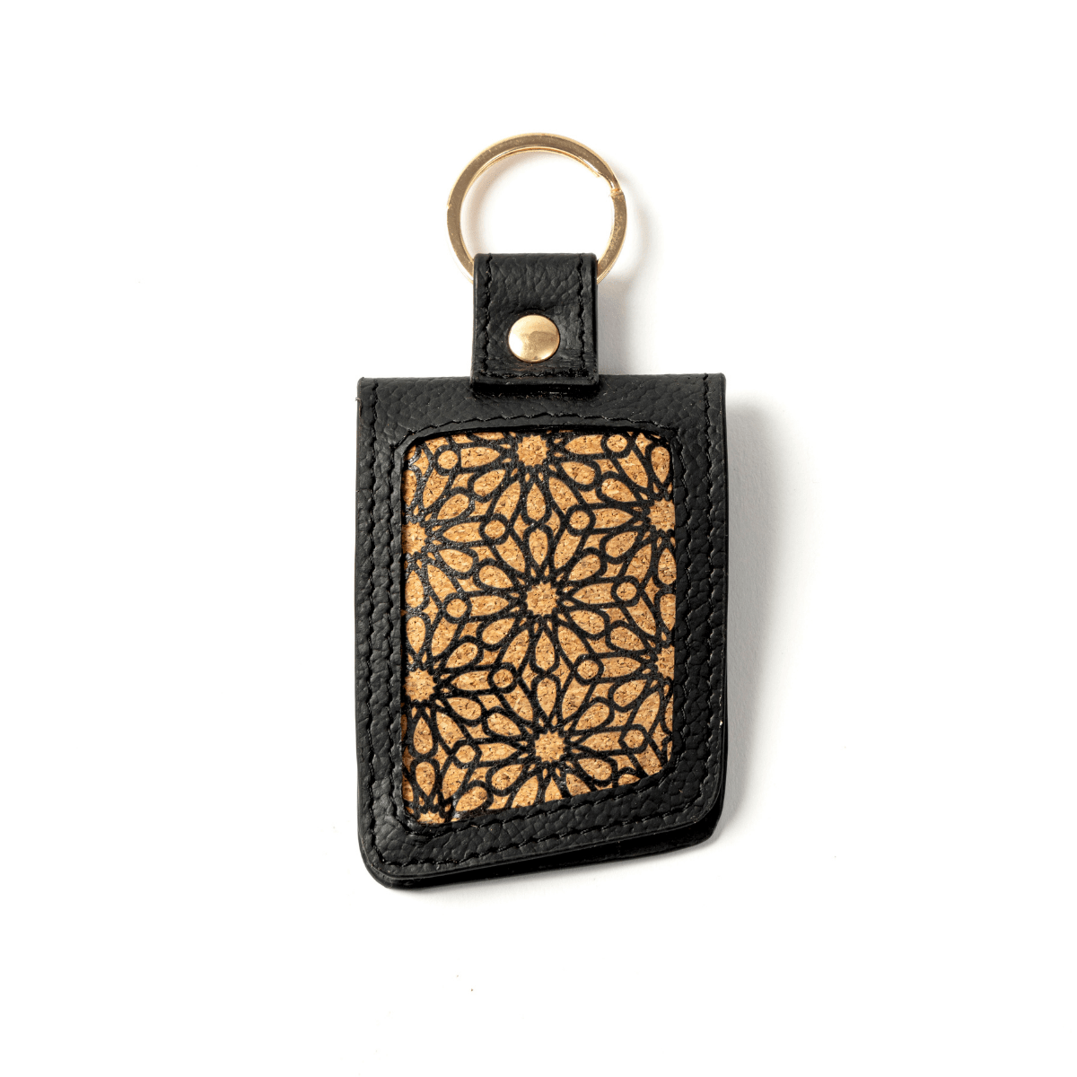 Keychain with Name Tag Pocket – Plant Leather & Printed Cork (Black) | Verified Sustainable by Brown Living™
