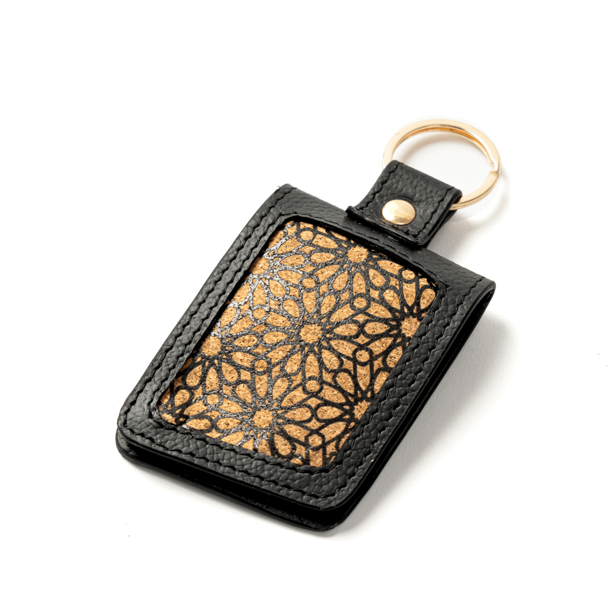 Keychain with Name Tag Pocket – Plant Leather & Printed Cork (Black) | Verified Sustainable by Brown Living™