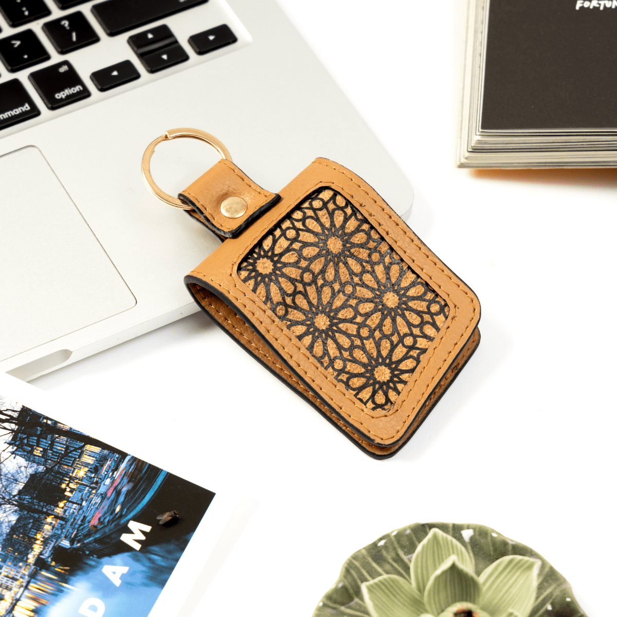 Keychain with Name Tag Pocket – Plant Leather & Printed Cork (Caramel) | Verified Sustainable by Brown Living™