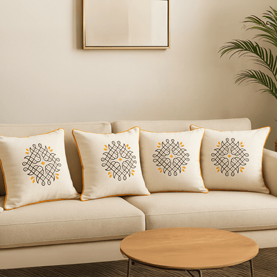 Kolam Handblock Cotton Cushion Covers with Zipper - Set of 4 – Covers & Inserts on Brown Living™. SKU: CUSKOLLAM4. Img 4.