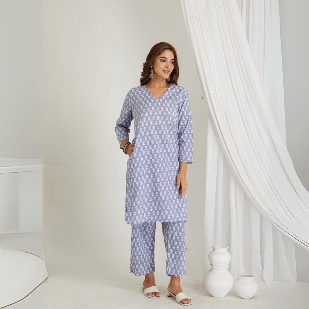 Lavender Cotton Butta Printed Kurta & Pant Co - Ord Set – Loungewear | Verified Sustainable by Brown Living™