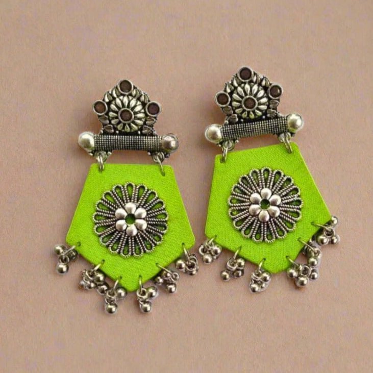 Light Green Fabric Jhumka with Silver Accents | Verified Sustainable by Brown Living™