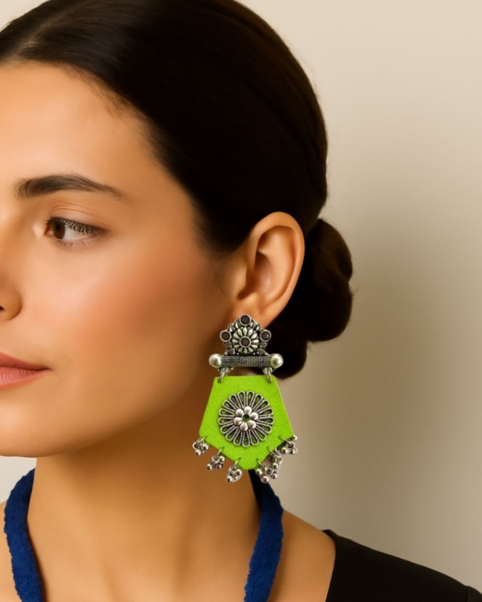 Light Green Fabric Jhumkas with Silver Charm | Verified Sustainable by Brown Living™