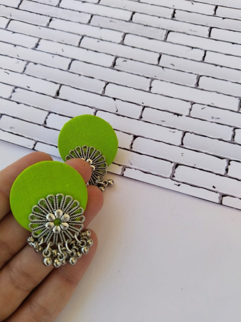 Lime Green Flower Silver Ghungroo Studs Earrings | Verified Sustainable by Brown Living™