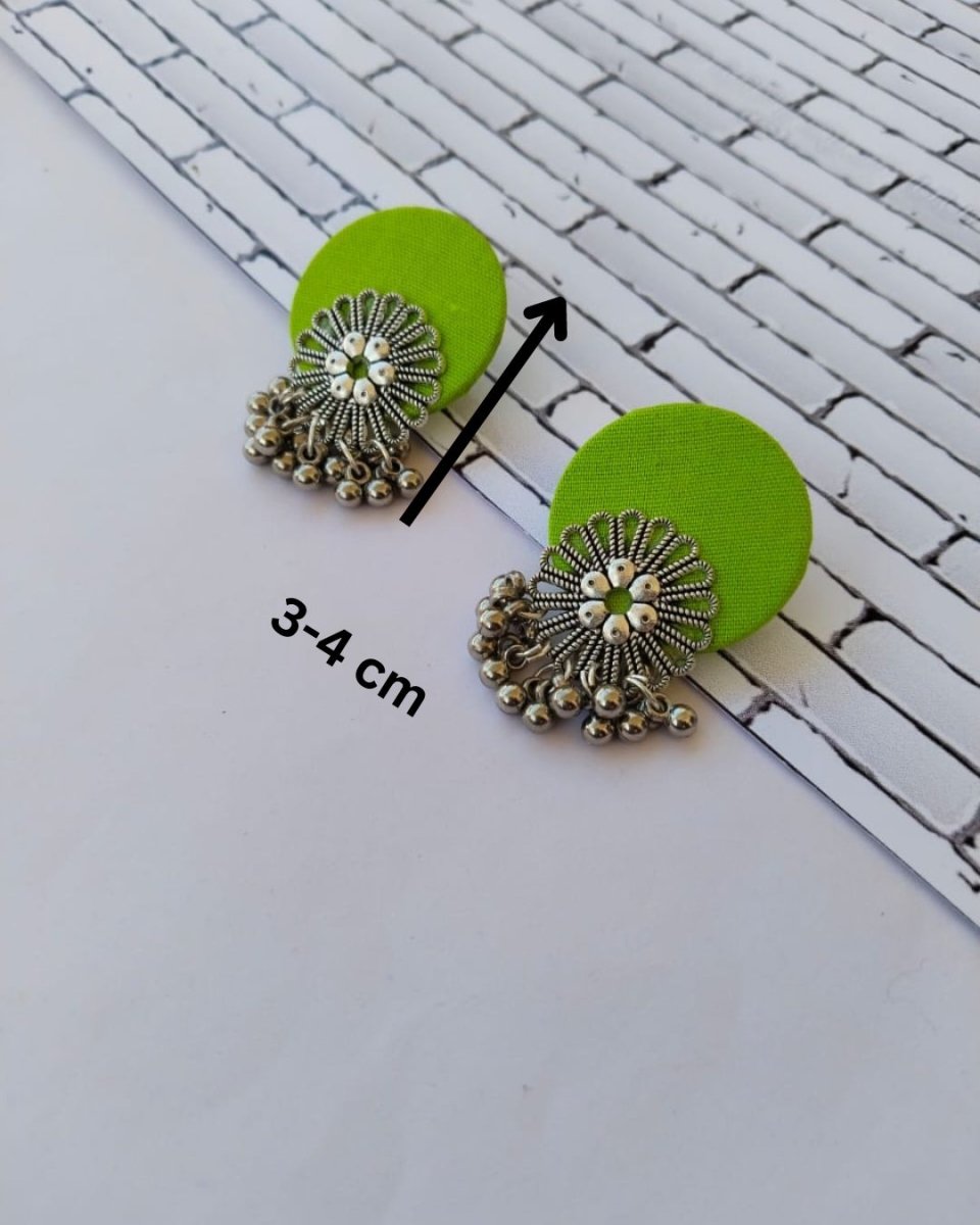 Lime Green Flower Silver Ghungroo Studs Earrings | Verified Sustainable by Brown Living™