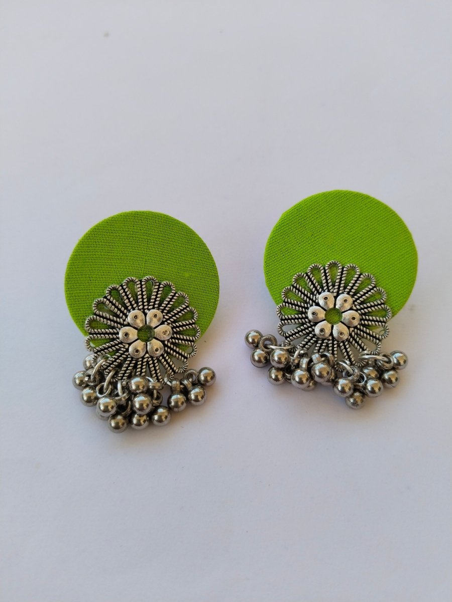 Lime Green Flower Silver Ghungroo Studs Earrings | Verified Sustainable by Brown Living™