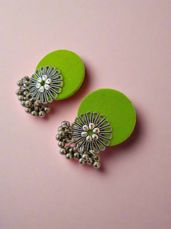 Lime Green Flower Silver Ghungroo Studs Earrings | Verified Sustainable by Brown Living™