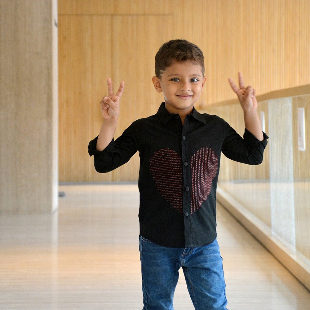 Lined Heart Embroidered Shirt - Black | Verified Sustainable by Brown Living™