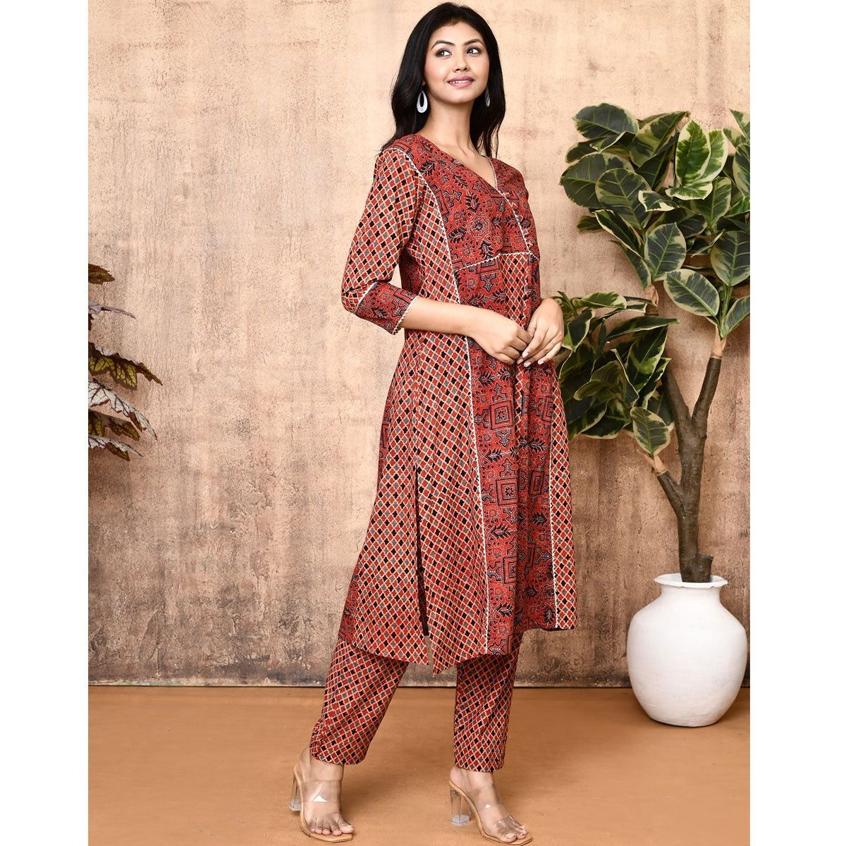 Lissa Red Ajrakh Cotton Flared Kurta Set | Verified Sustainable by Brown Living™