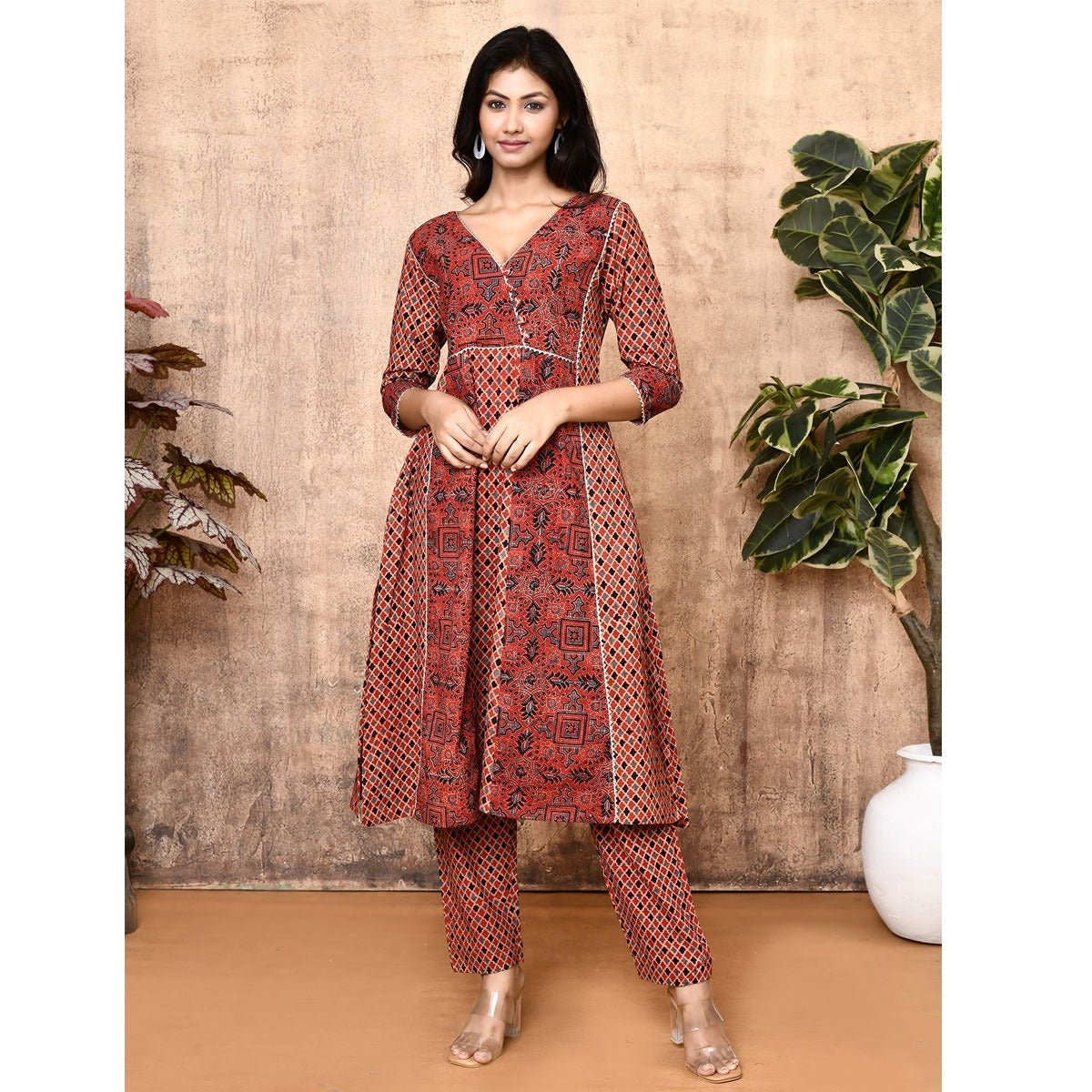 Lissa Red Ajrakh Cotton Flared Kurta Set | Verified Sustainable by Brown Living™