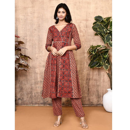 Lissa Red Ajrakh Cotton Flared Kurta Set | Verified Sustainable by Brown Living™