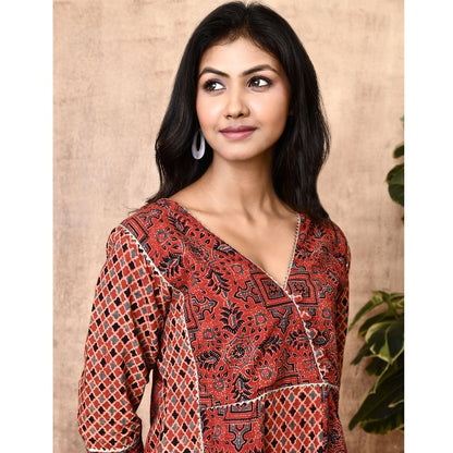 Lissa Red Ajrakh Cotton Flared Kurta Set | Verified Sustainable by Brown Living™