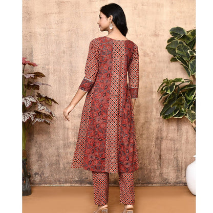 Lissa Red Ajrakh Cotton Flared Kurta Set | Verified Sustainable by Brown Living™