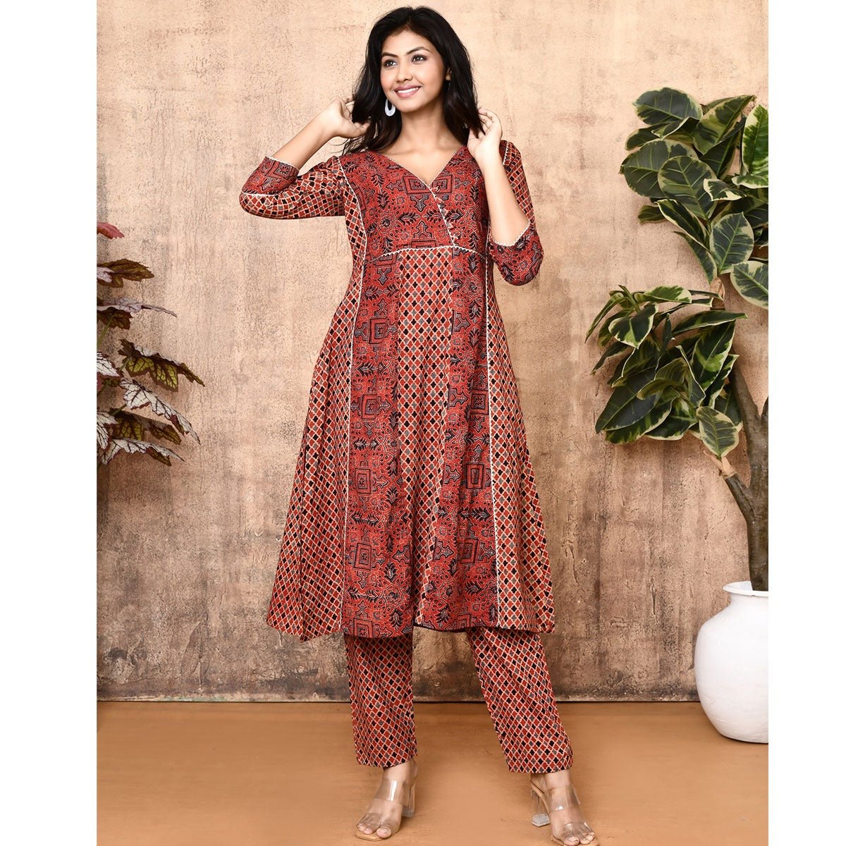 Lissa Red Ajrakh Cotton Flared Kurta Set | Verified Sustainable by Brown Living™