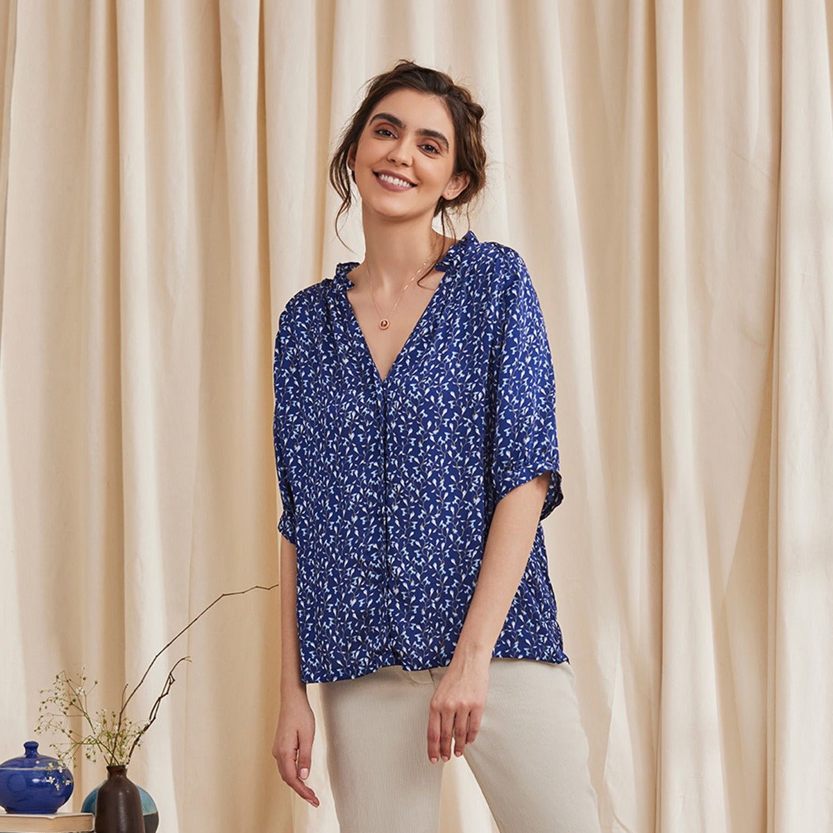 Livia - Blue Formal Printed Satin Shirt | Verified Sustainable by Brown Living™