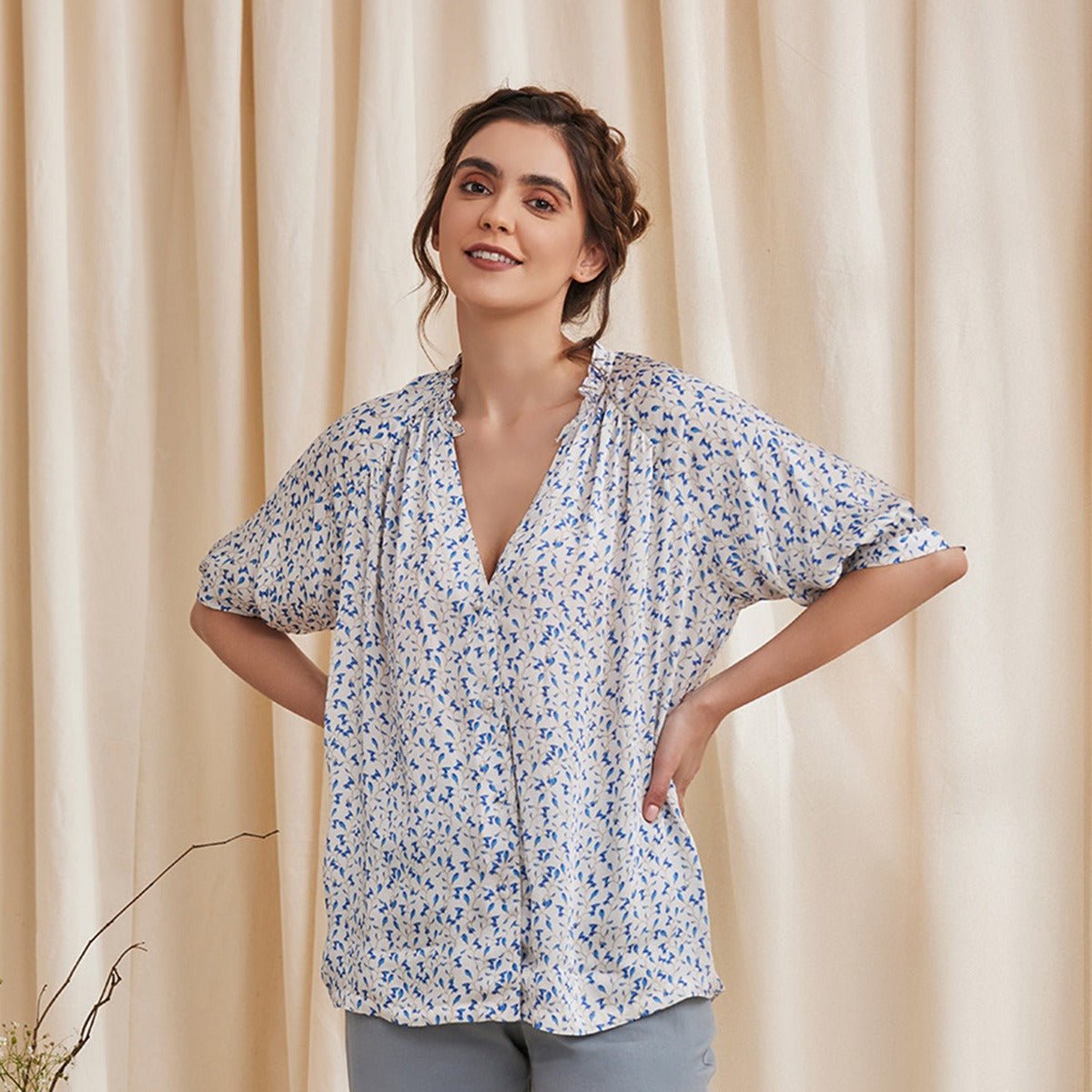 Livia - White Formal Printed Satin Shirt | Verified Sustainable by Brown Living™