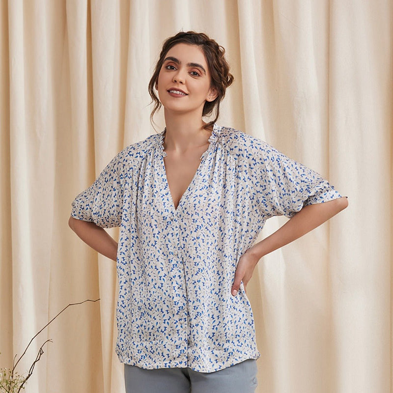 Livia - White Formal Printed Satin Shirt | Verified Sustainable by Brown Living™