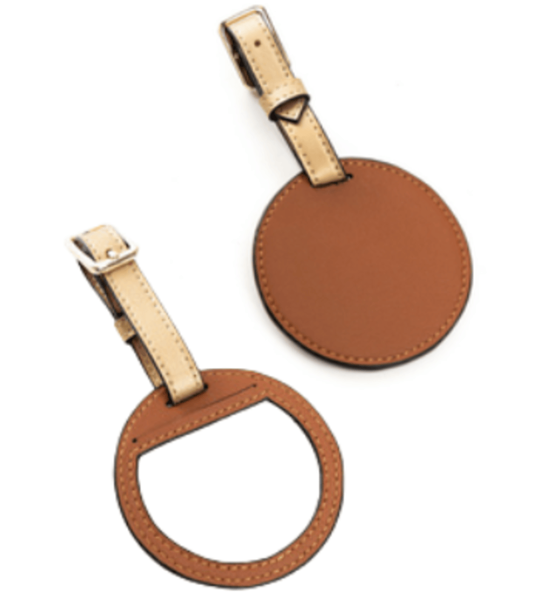 Luggage Tag with Circular Cutout – Plant Leather & Printed Cork (Gingerbread & Gold) – Travel Accessories on Brown Living™. SKU: CPTTGH005. Img 1.