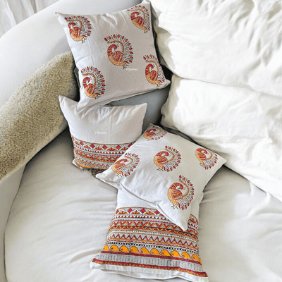 Madhubani Cotton Cushion Covers with Zipper - Set of 4 - 16x16 inch – Covers & Inserts on Brown Living™. SKU: CUSMADHUBANIPEAC4. Img 2.