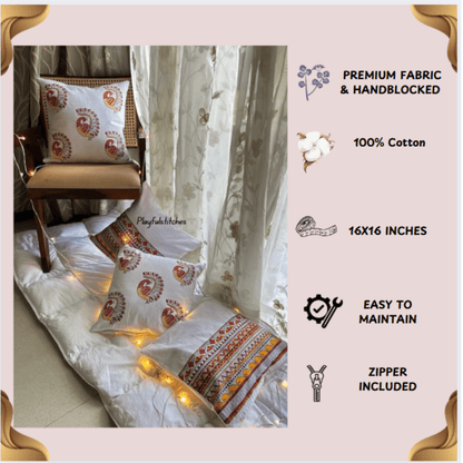 Madhubani Peacock Handblock Cotton Cushion Covers with Zipper - Set of 4 – Covers & Inserts by Playful stitches available on Brown Living™. . SKU: CUSMADHUBANIPEAC4. Img 5.