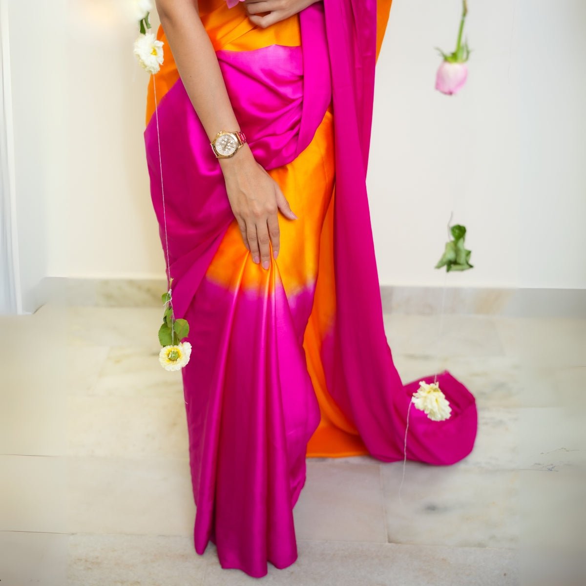 Magenta Mimosa Organic Satin Saree | Verified Sustainable by Brown Living™