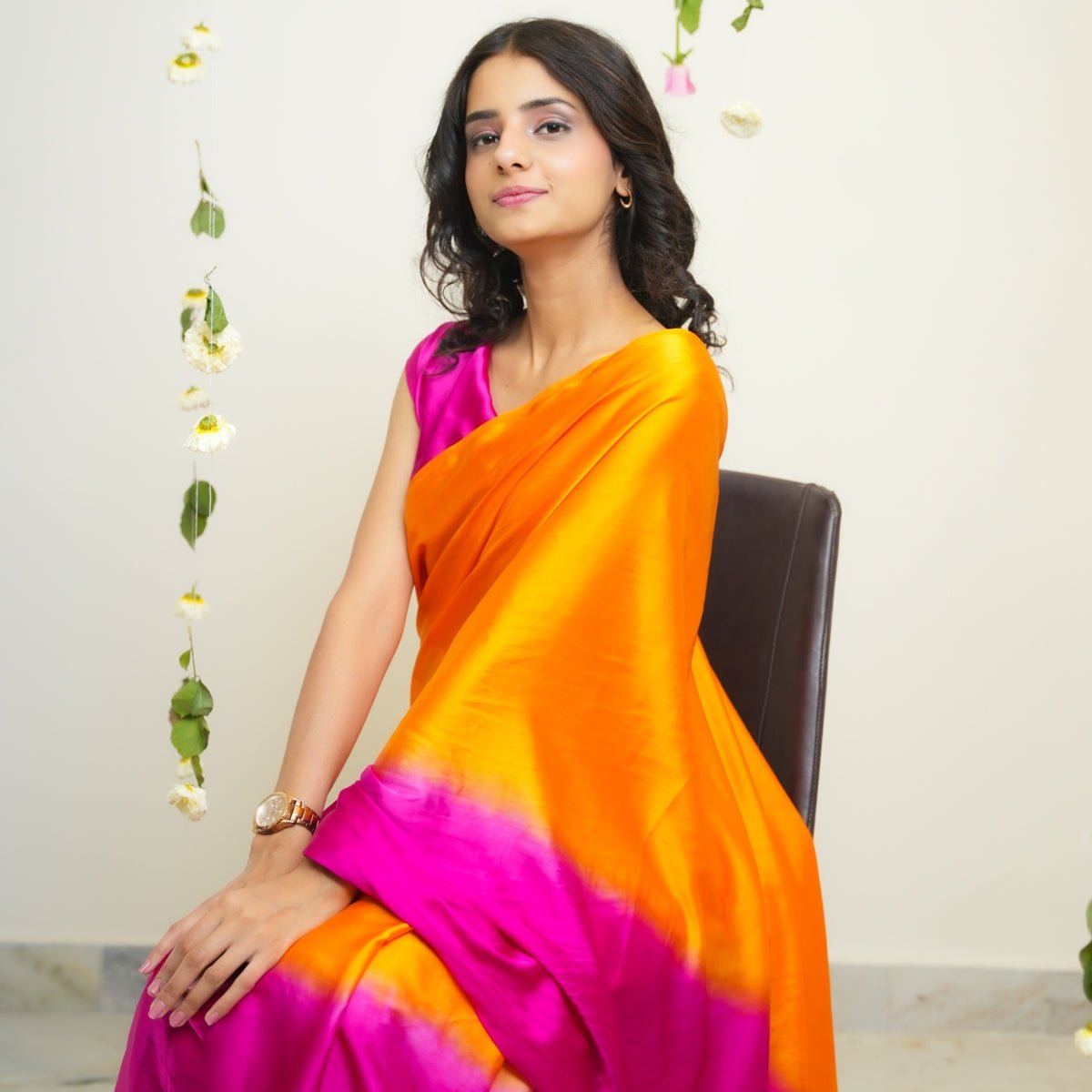 Magenta Mimosa Organic Satin Saree | Verified Sustainable by Brown Living™