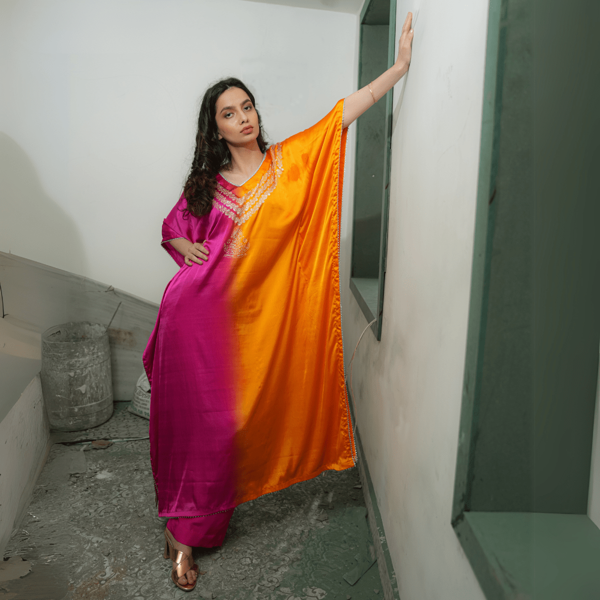 Magenta Mimosa Real Silver Kaftan in Organic Satin | Verified Sustainable by Brown Living™