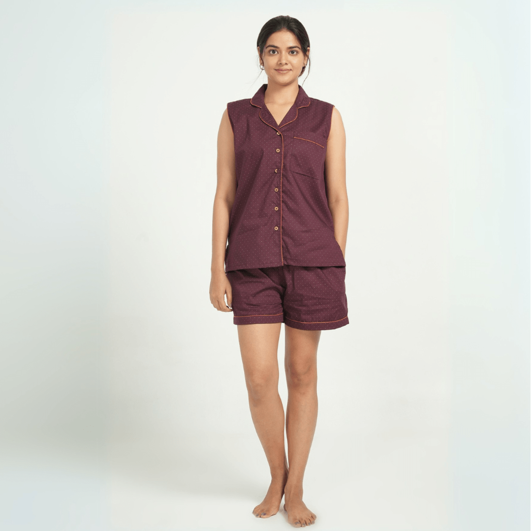 Maroon Cotton Night Suit – Shirt & Shorts | Verified Sustainable by Brown Living™