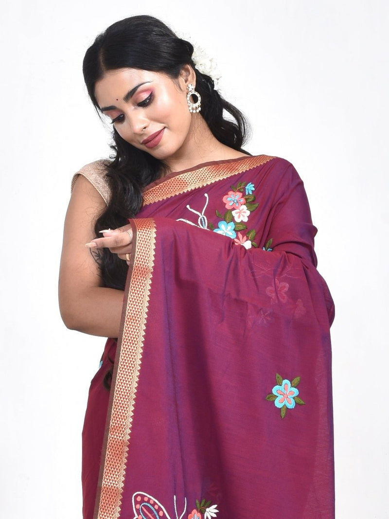 Maroon South Cotton Saree with Butterfly Design Hand Embroidery and Zari Border | Verified Sustainable by Brown Living™