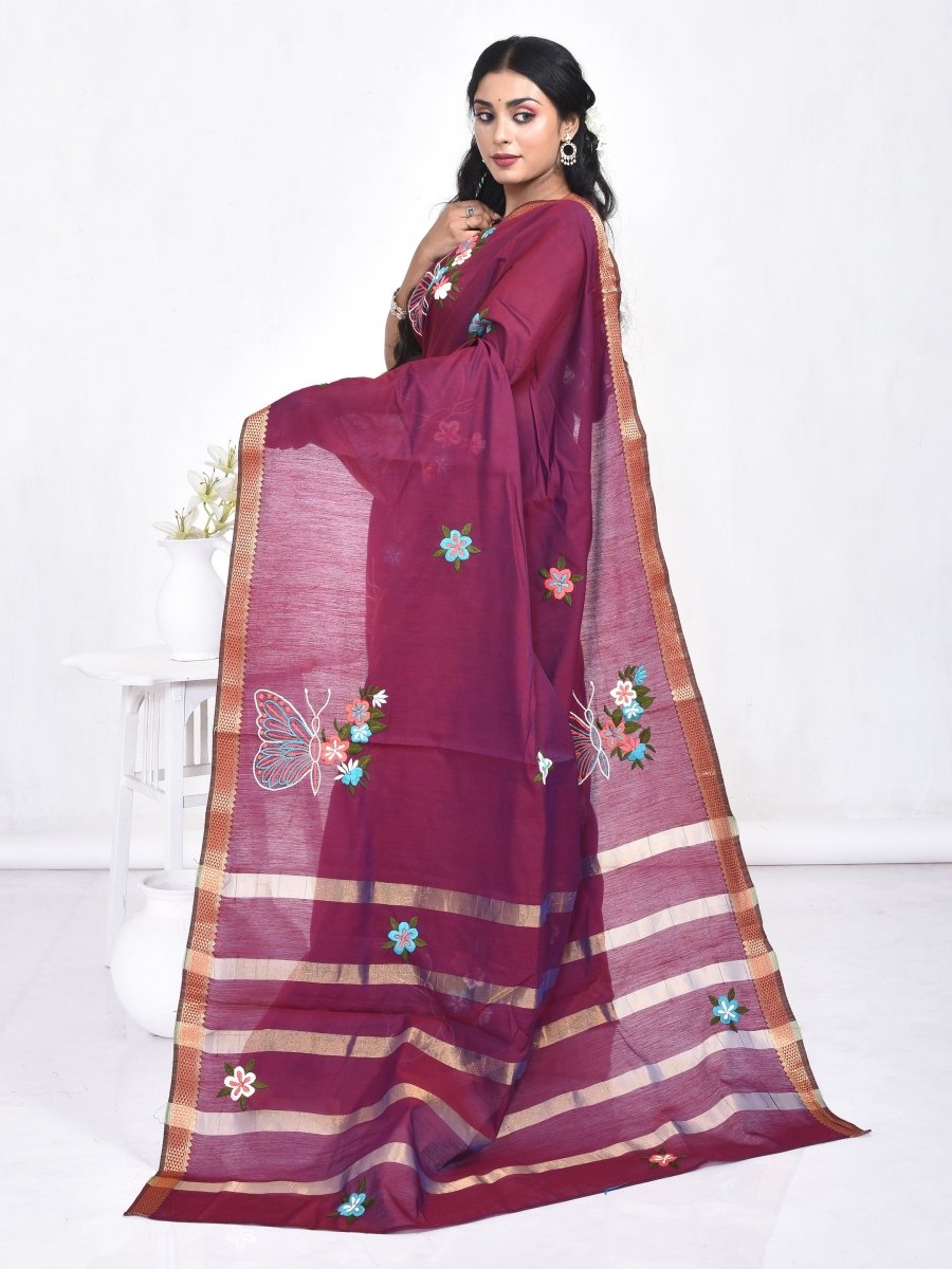 Maroon South Cotton Saree with Butterfly Design Hand Embroidery and Zari Border | Verified Sustainable by Brown Living™