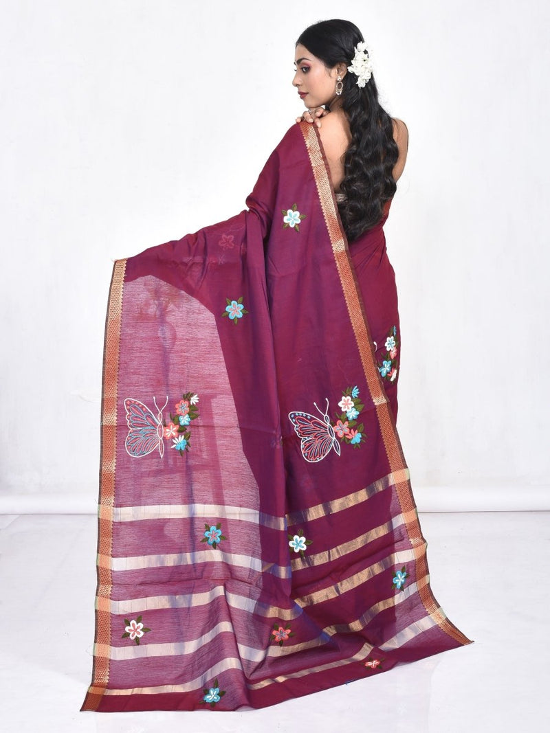 Maroon South Cotton Saree with Butterfly Design Hand Embroidery and Zari Border | Verified Sustainable by Brown Living™