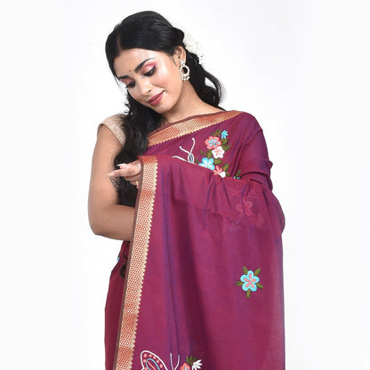 Maroon South Cotton Saree with Butterfly Design Hand Embroidery and Zari Border | Verified Sustainable by Brown Living™