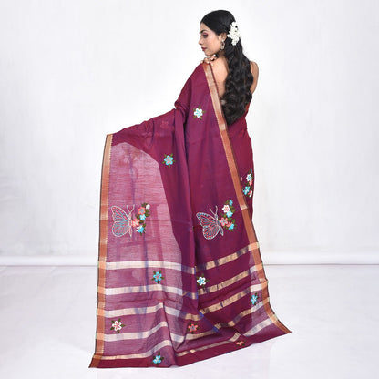 Maroon South Cotton Saree with Butterfly Design Hand Embroidery and Zari Border | Verified Sustainable by Brown Living™