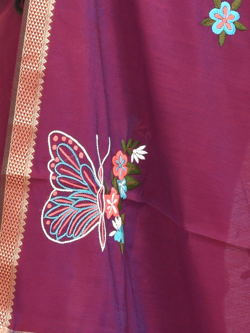 Maroon South Cotton Saree with Butterfly Design Hand Embroidery and Zari Border | Verified Sustainable by Brown Living™