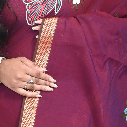 Maroon South Cotton Saree with Butterfly Design Hand Embroidery and Zari Border | Verified Sustainable by Brown Living™