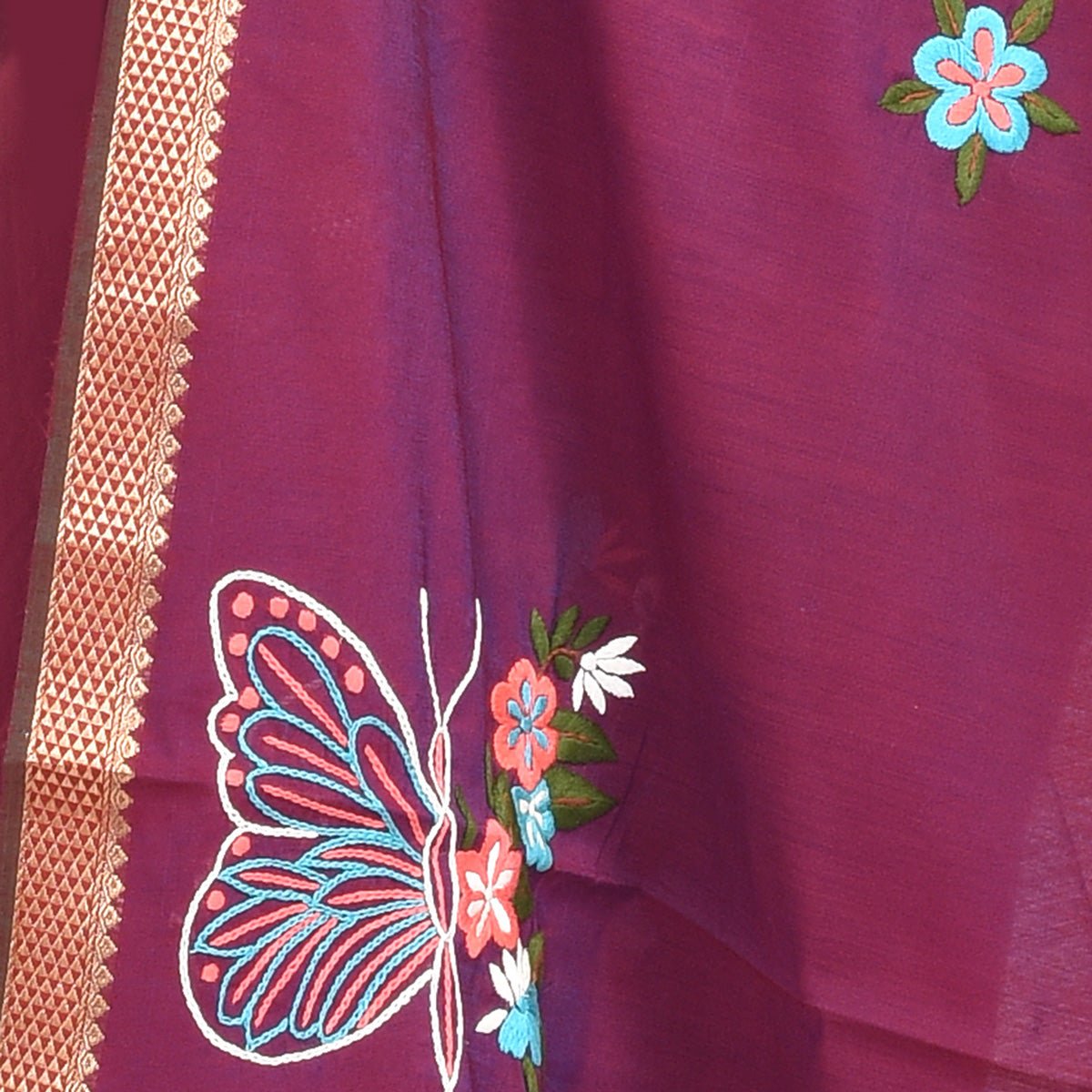 Maroon South Cotton Saree with Butterfly Design Hand Embroidery and Zari Border | Verified Sustainable by Brown Living™