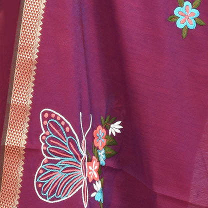 Maroon South Cotton Saree with Butterfly Design Hand Embroidery and Zari Border | Verified Sustainable by Brown Living™