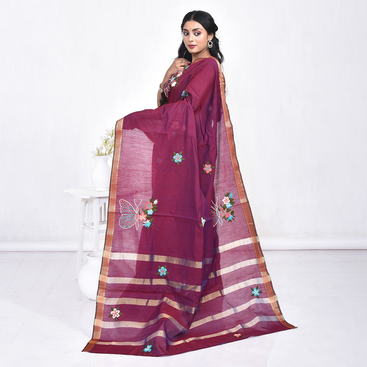 Maroon South Cotton Saree with Butterfly Design Hand Embroidery and Zari Border | Verified Sustainable by Brown Living™