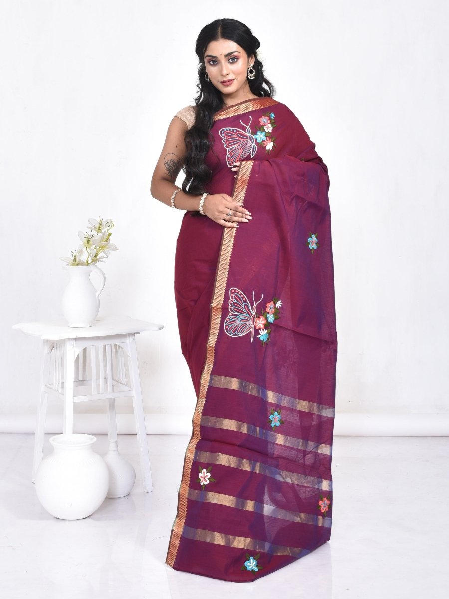 Maroon South Cotton Saree with Butterfly Design Hand Embroidery and Zari Border | Verified Sustainable by Brown Living™