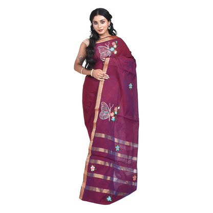 Maroon South Cotton Saree with Butterfly Design Hand Embroidery and Zari Border | Verified Sustainable by Brown Living™