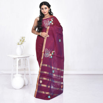 Maroon South Cotton Saree with Butterfly Design Hand Embroidery and Zari Border | Verified Sustainable by Brown Living™