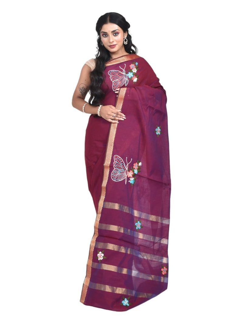 Maroon South Cotton Saree with Butterfly Design Hand Embroidery and Zari Border | Verified Sustainable by Brown Living™