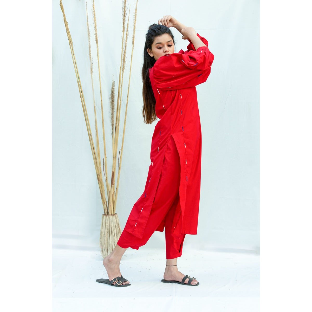 Marshmellow Kurti - Pleated Sleeves Cord Piping Details – Womens Kurta on Brown Living™. SKU: SR0052XS. Img 3.