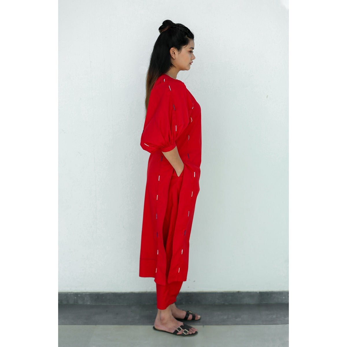 Marshmellow Kurti - Pleated Sleeves Cord Piping Details – Womens Kurta on Brown Living™. SKU: SR0052XS. Img 2.