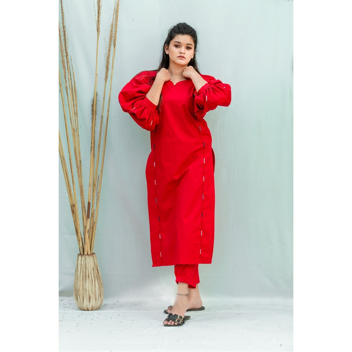 Marshmellow Kurti - Pleated Sleeves Cord Piping Details – Womens Kurta on Brown Living™. SKU: SR0052XS. Img 1.
