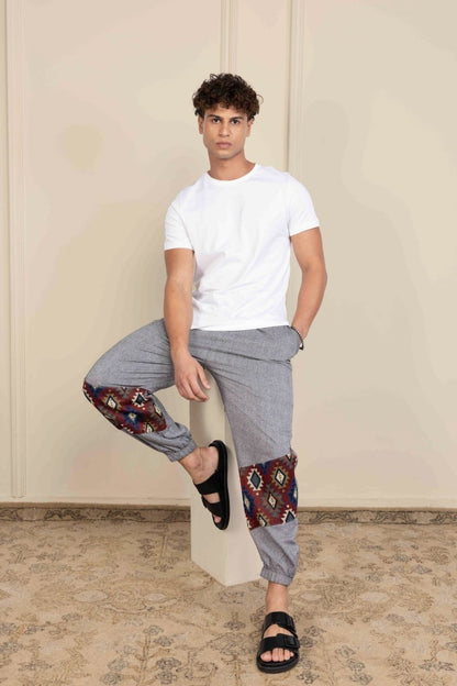 Men's Hopper Joggers | Grey with Patterned Patch| Fits Waist Sizes 30 to 38 Inches | Verified Sustainable by Brown Living™