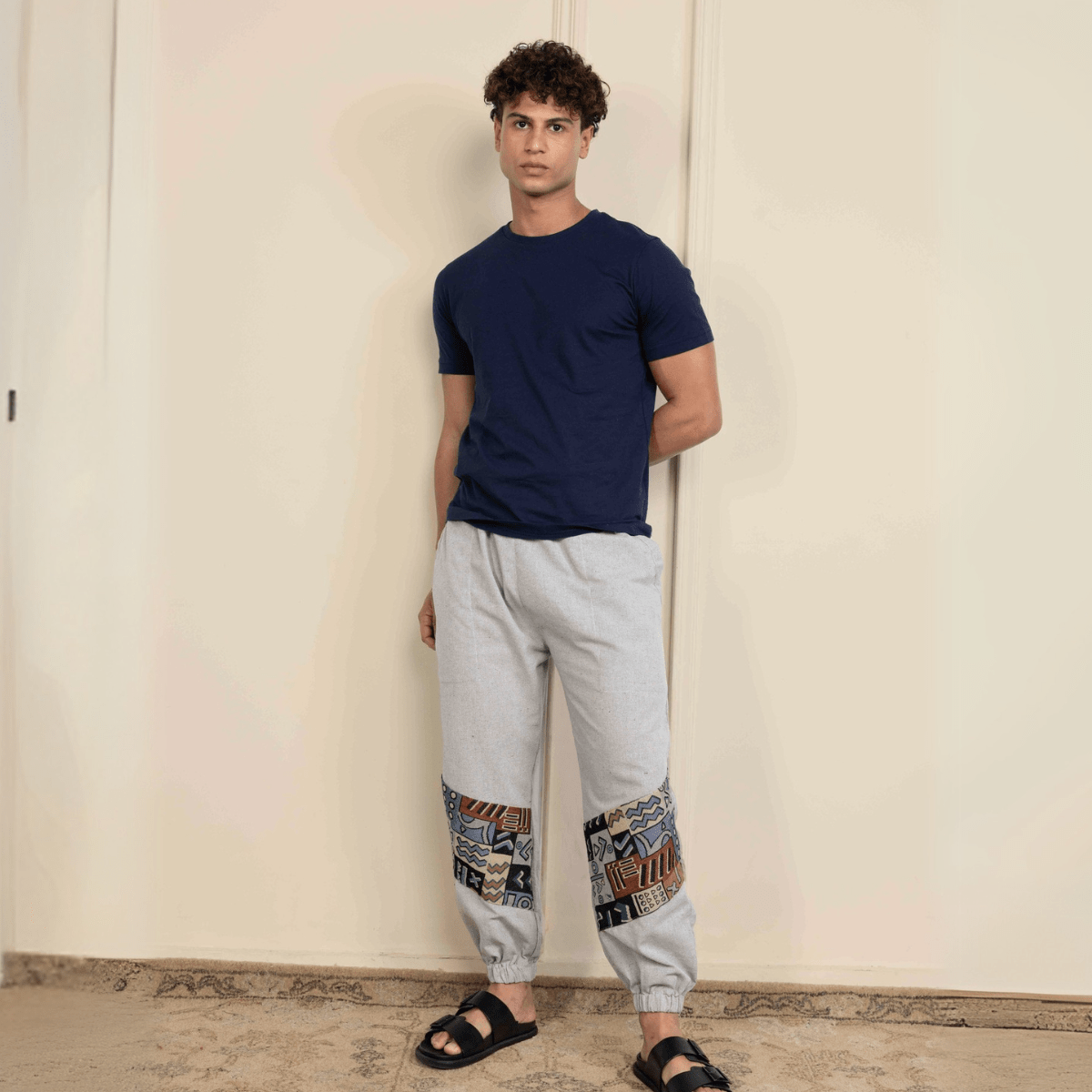 Men's Hopper Joggers | Melange Grey With Patterned Patchwork | Fits Waist Sizes 30 to 38 Inches | Verified Sustainable by Brown Living™